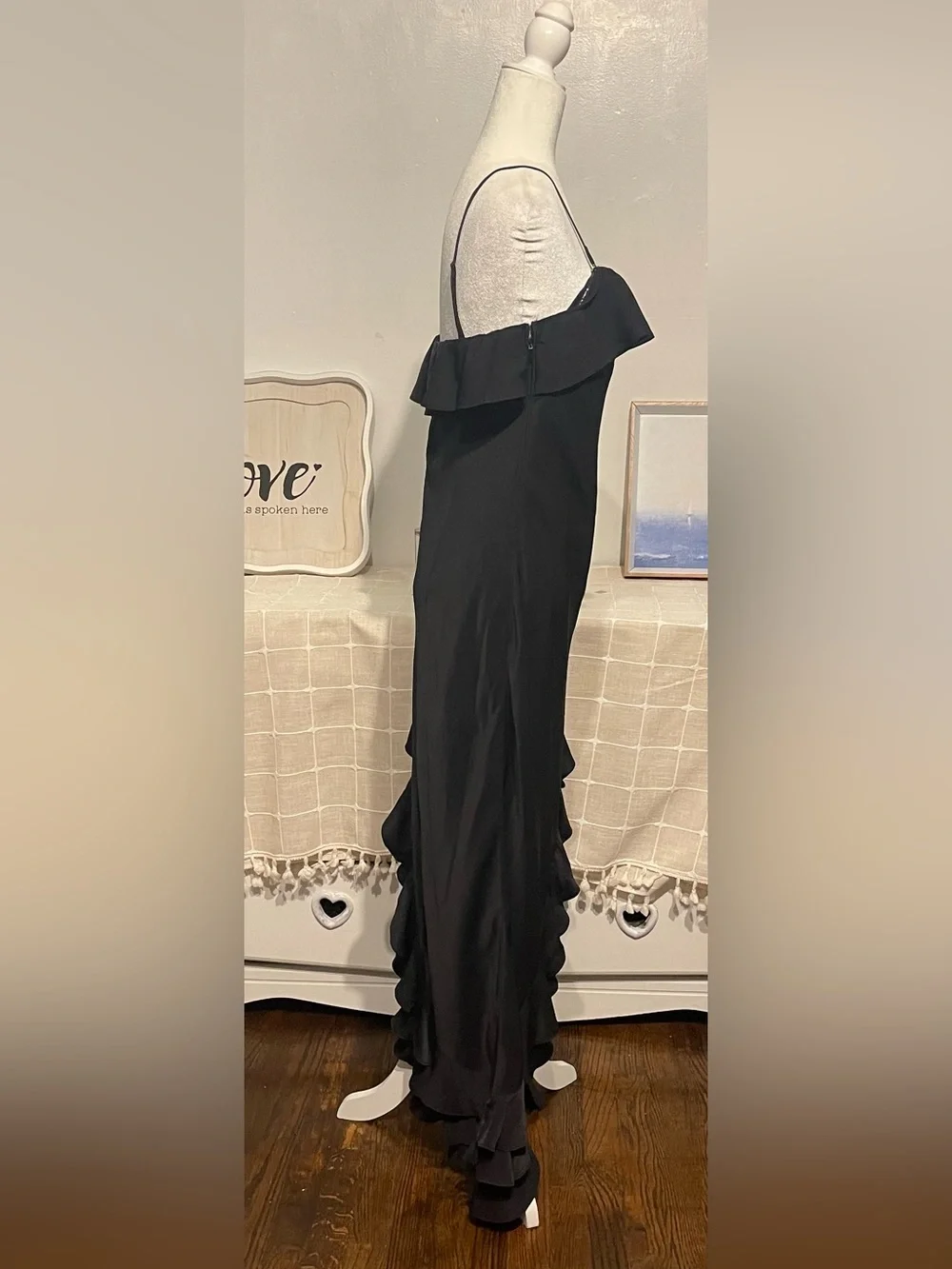 Abercrombie & Fitch Black Ruffle-Trim Maxi Slip Dress with Side Slit size M